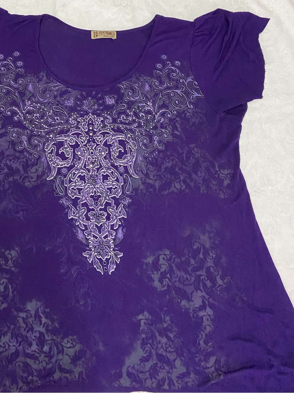 Purple Short Sleeve Scoop Neck Top with embellished Ornate Front Motif